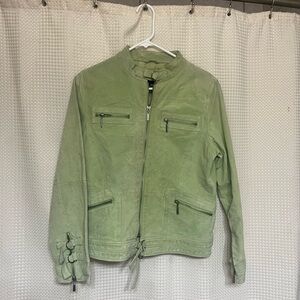 Green Suede Jacket with Zipper Details